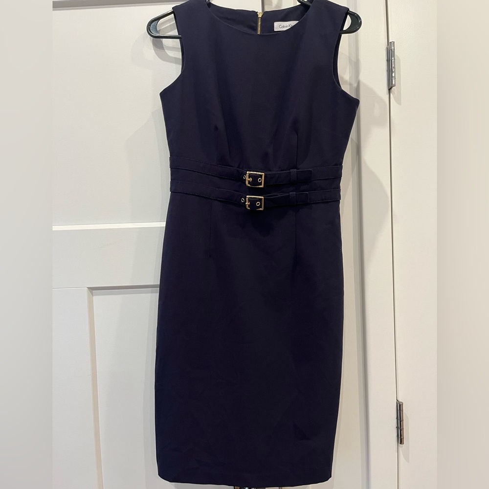 Calvin Klein Dark Blue Midi Dress with Gold Accents